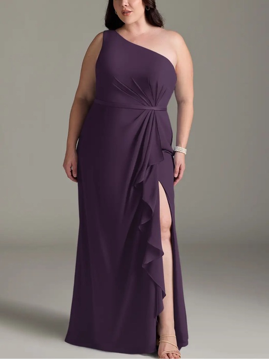 David's Bridal Dresses & Skirts - David’s Bridal NWT One-Shoulder Plum Evening Gown with Side Ruffle and Slit